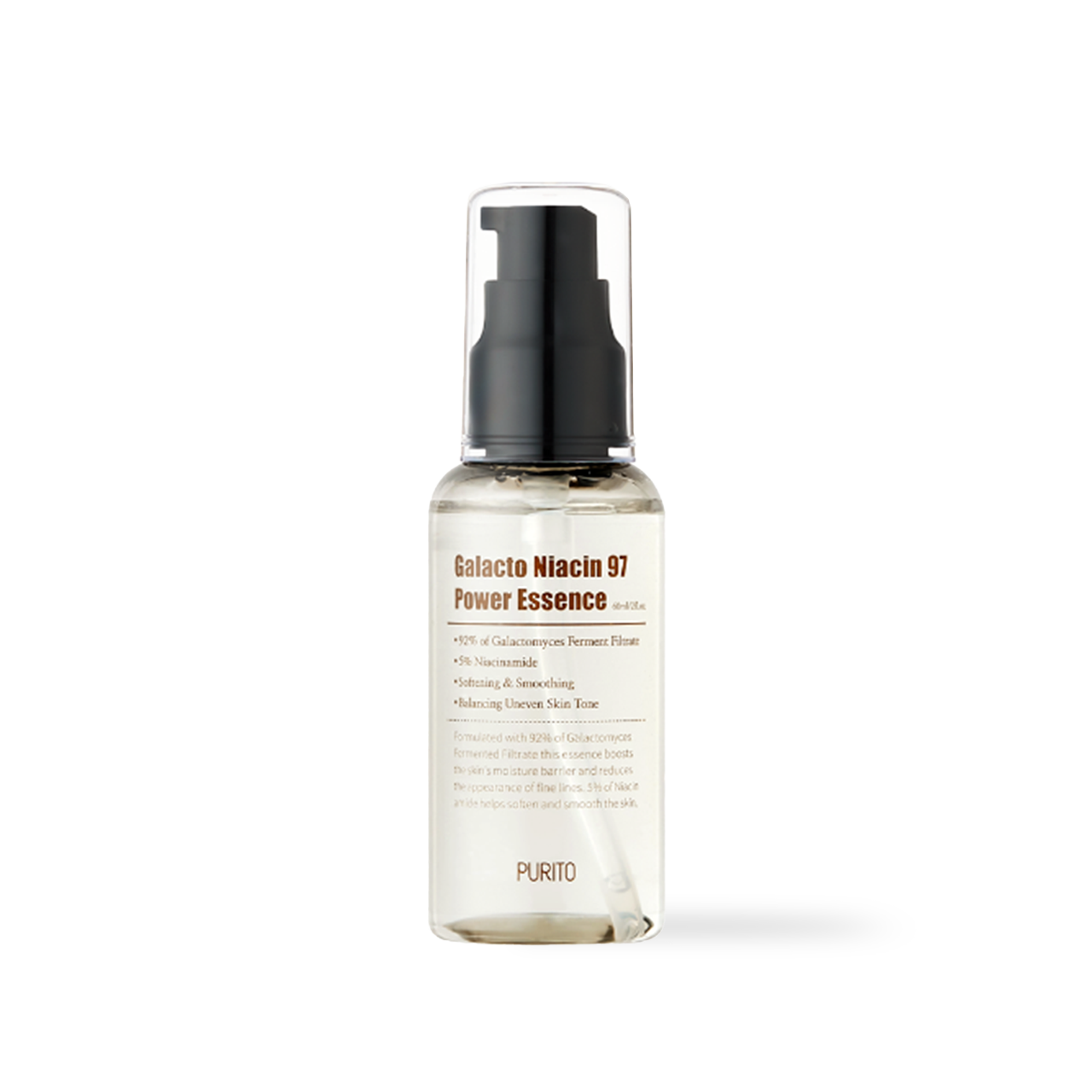 Purito Galacto Niacin 97 Power Essence 60mL Korean brightening essence with 5% niacinamide galactomyces ferment filtrate, pores and uneven skin tone for glass skin